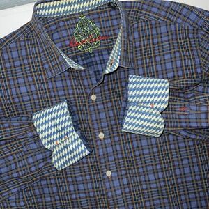 Robert Graham Dark Blue Shirt Flip Geometric‎ On Cuffs and Collar Size 2XL